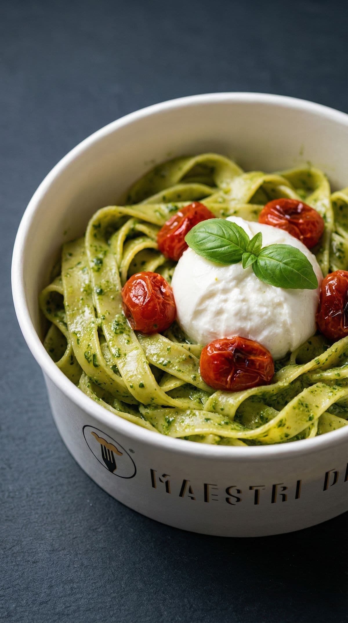 Tagliatelle pesto with burrata and cherry tomatoes